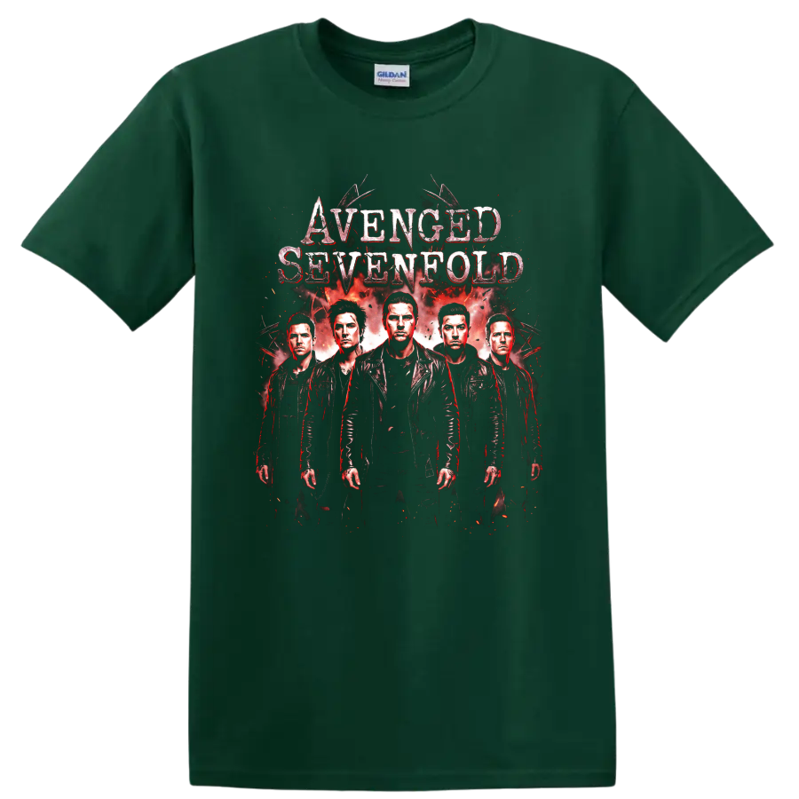 Avenged Sevenfold heavy metal band members red distressed graphic on a Forest Green T Shirt