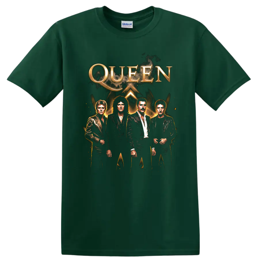 Queen rock band graphic with gold lettering and four portrait figures on a Forest Green T Shirt