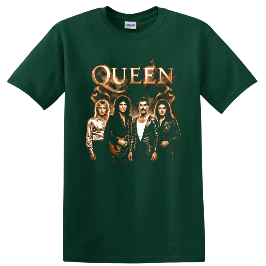 Freddie Mercury and Queen band portrait with gold QUEEN lettering on a Forest Green T Shirt