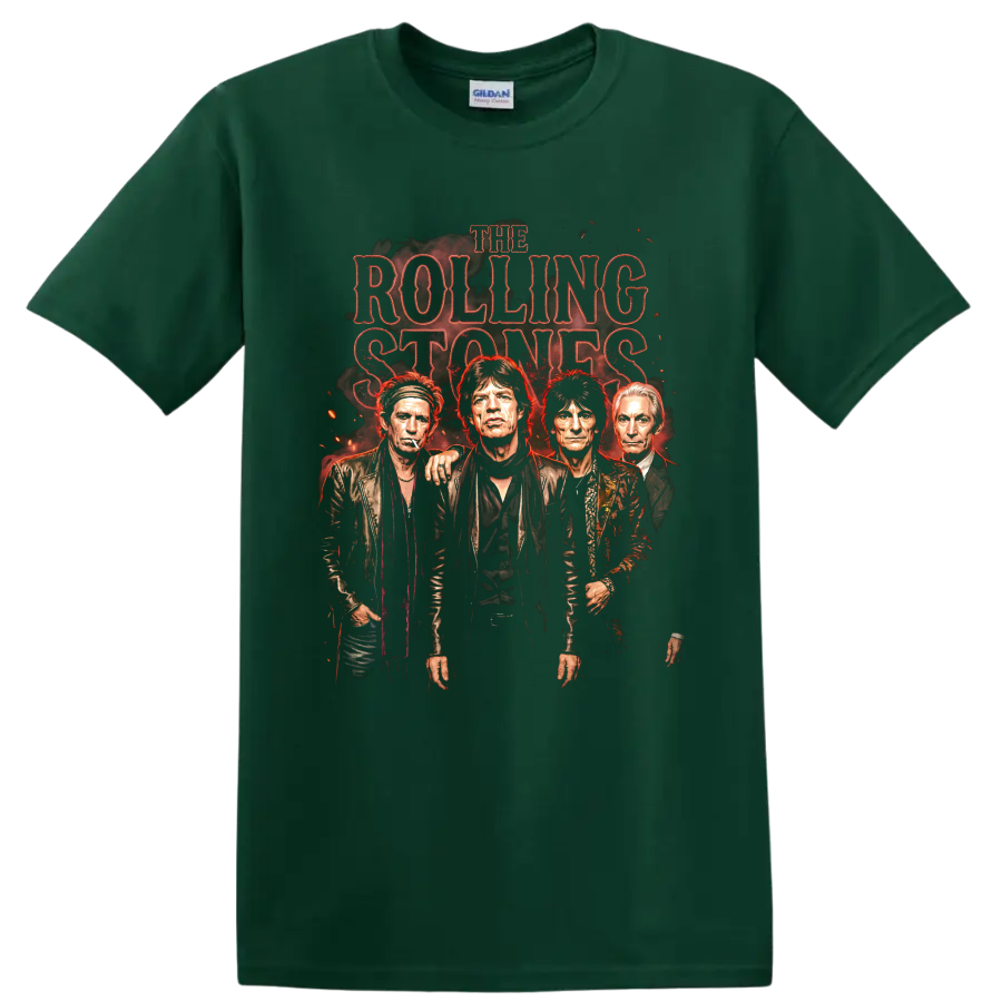 The Rolling Stones vintage rock band portrait graphic with distressed red lettering on a Forest Green T Shirt