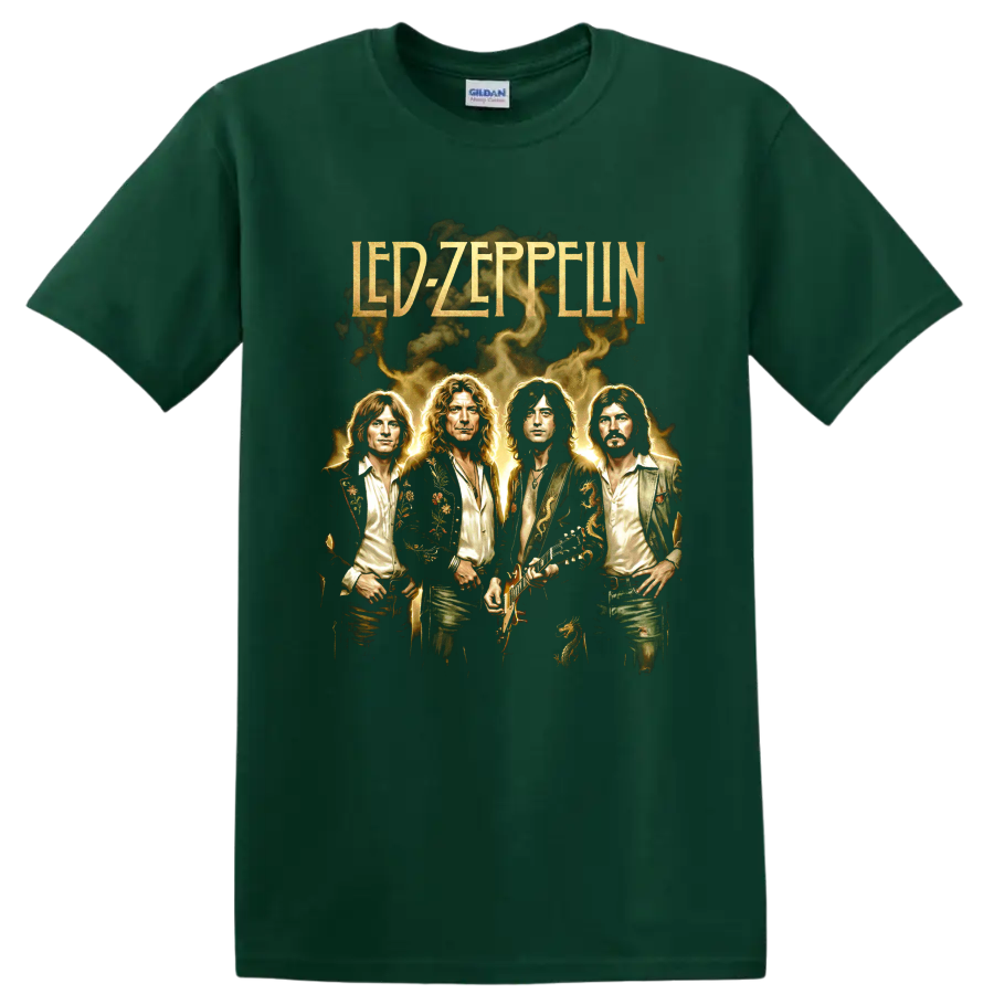 Led Zeppelin vintage band portrait artwork with gold lettering and guitar on a Forest Green T Shirt