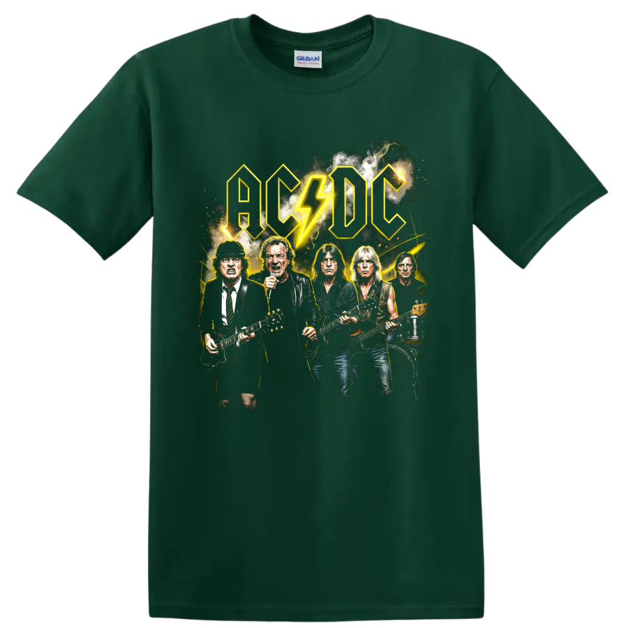 AC/DC hard rock band graphic with lightning bolt and musicians on a Forest Green T Shirt