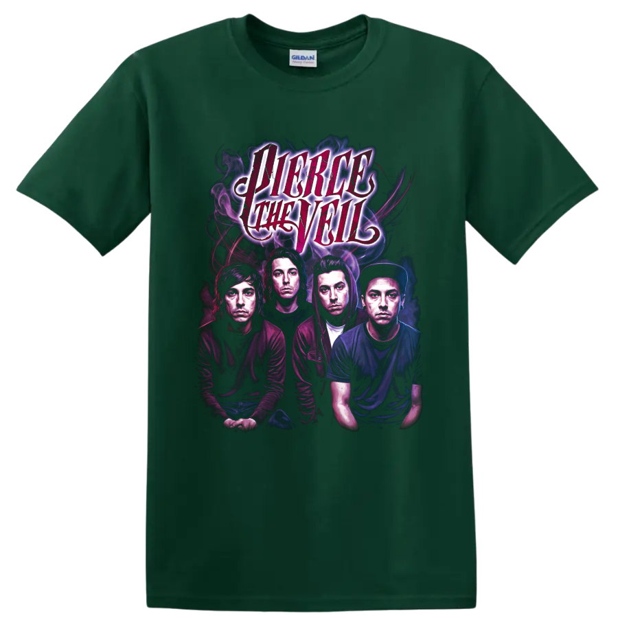 Pierce the Veil post-hardcore band portrait graphic with distressed lettering on a Forest Green T Shirt