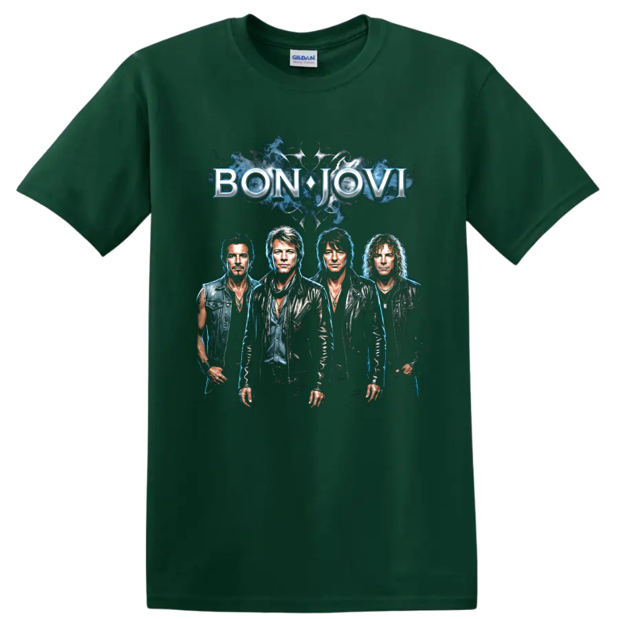 Bon Jovi band portrait graphic with blue smoke and bold logo on a Forest Green T Shirt