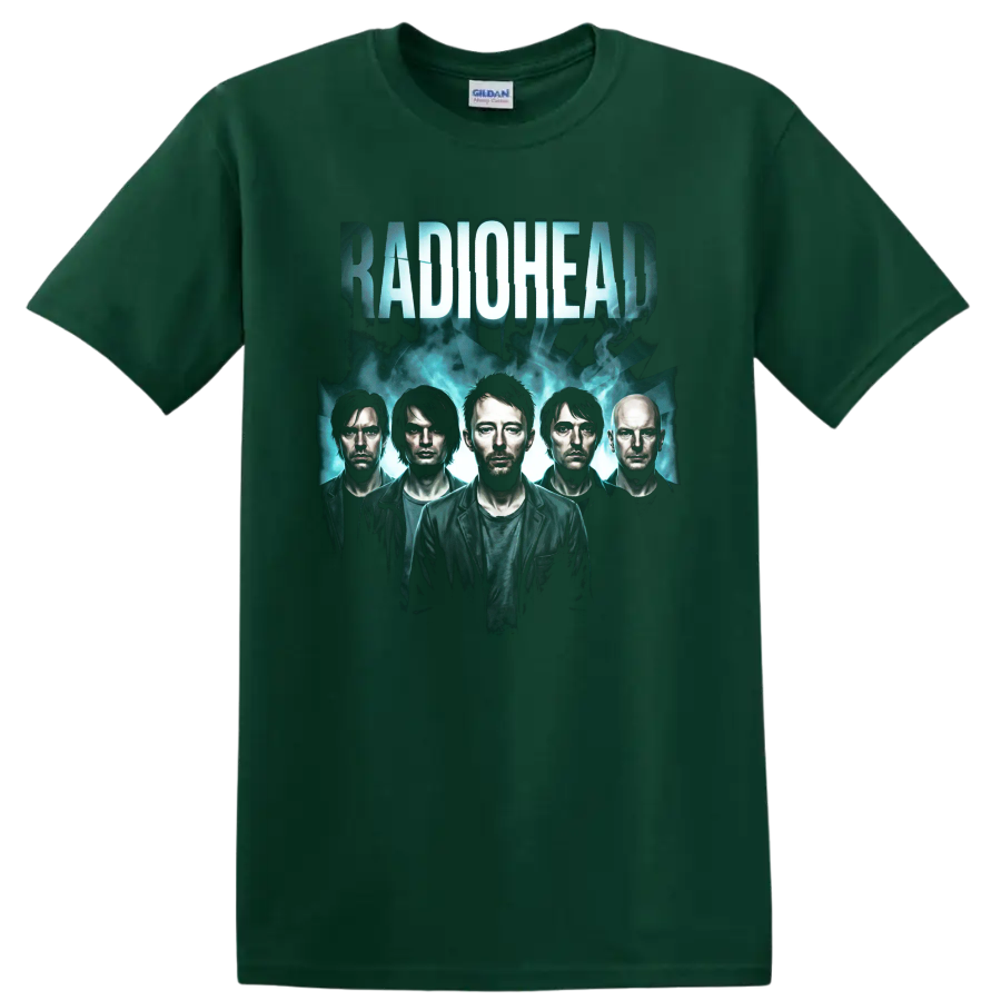 Radiohead alternative rock band portrait with distressed lettering on a Forest Green T Shirt