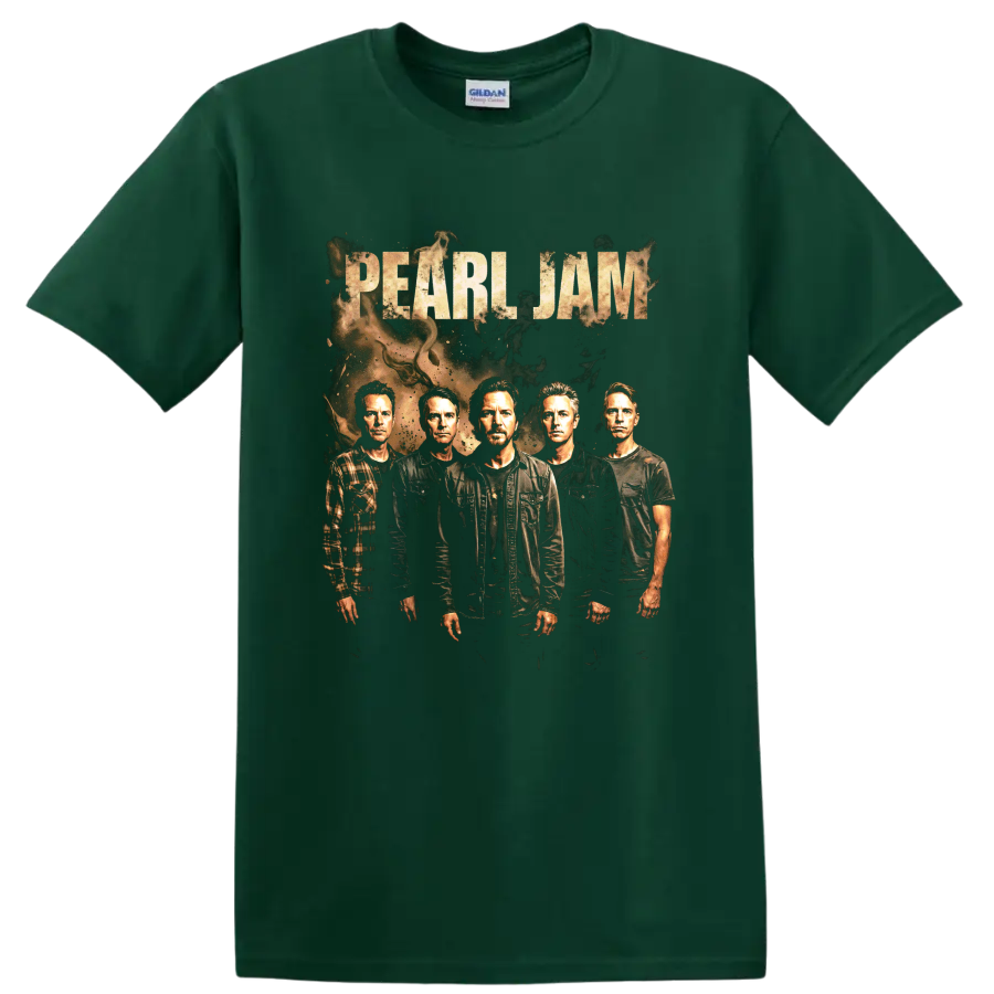 Pearl Jam band portrait with distressed lettering and grunge textures on a Forest Green T Shirt