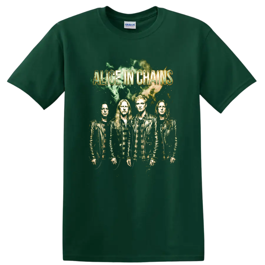 Alice in Chains grunge band poster graphic with four portraits on a Forest Green T Shirt