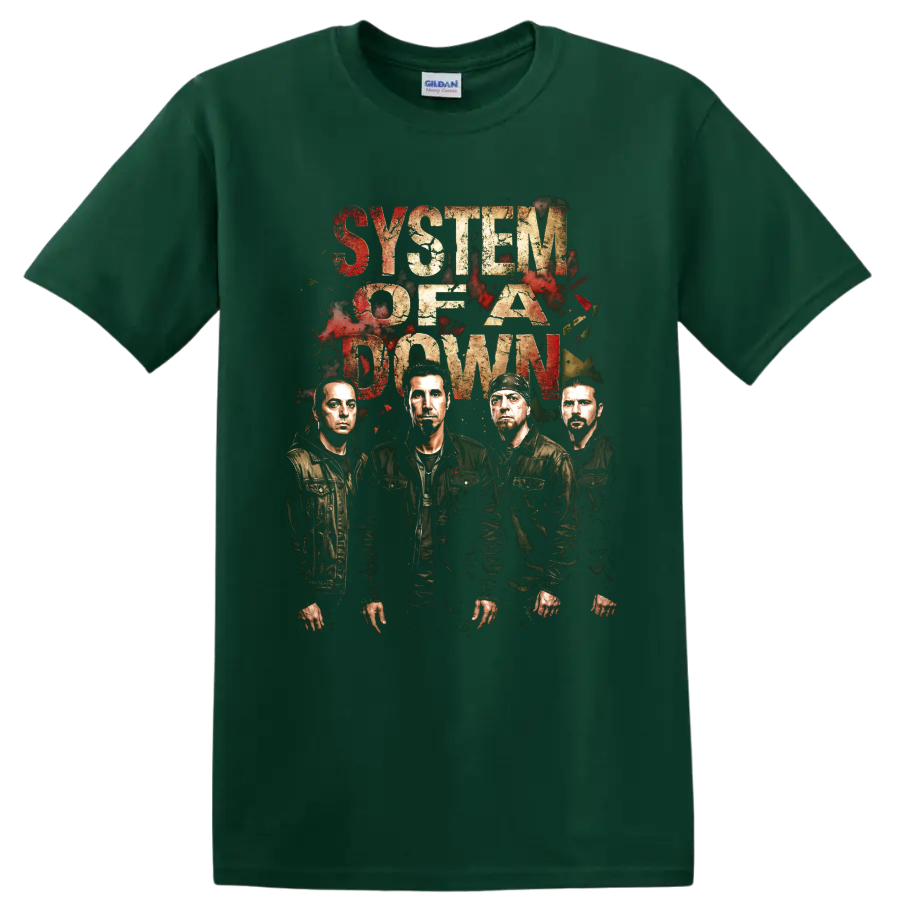 System of a Down distressed rock band portrait with bold lettering on a Forest Green T Shirt