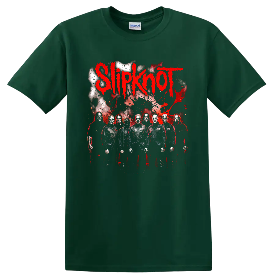 Slipknot logo with masked band members in a distressed red and black graphic on a Forest Green T Shirt