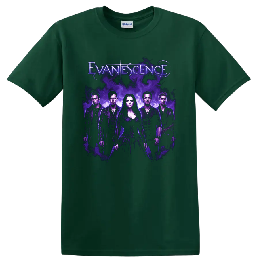 Evanescence Amy Lee band portrait with purple smoke and gothic poster styling on a Forest Green T Shirt