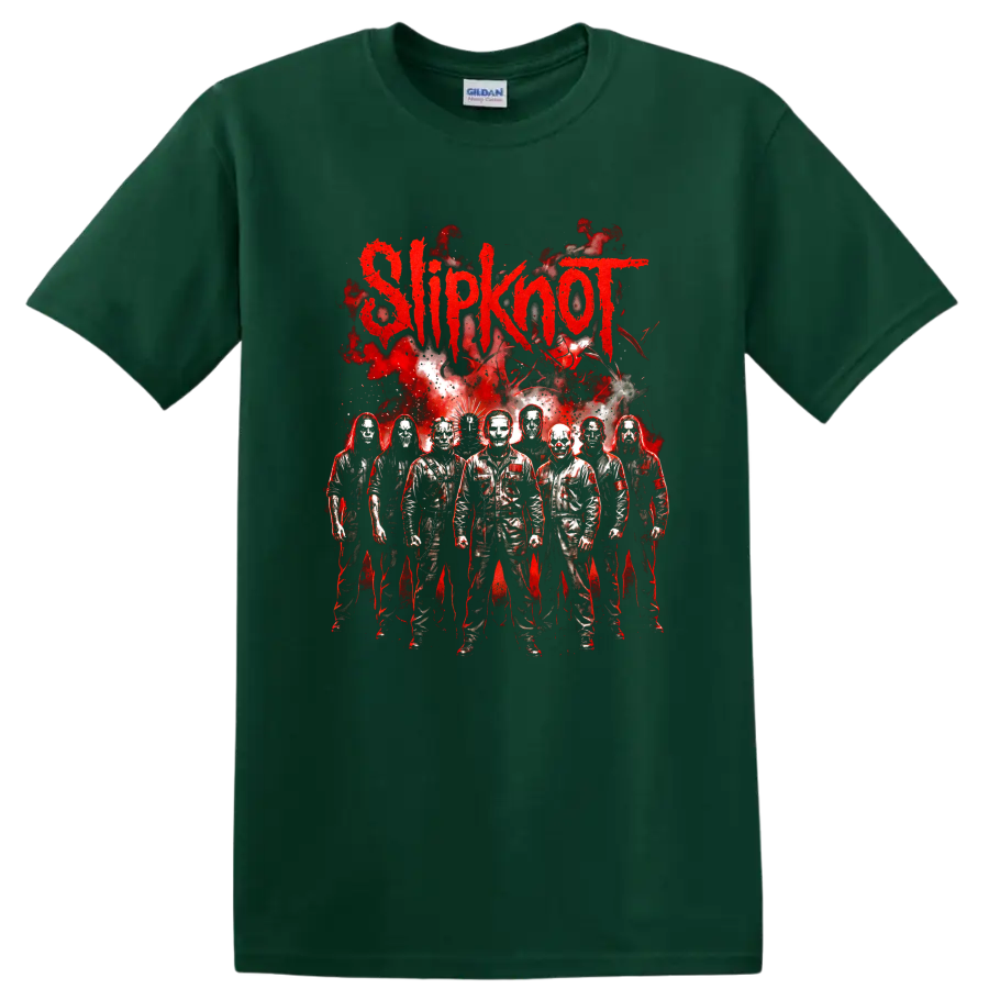 Slipknot masked metal band members with red horror-style graphic on a Forest Green T Shirt