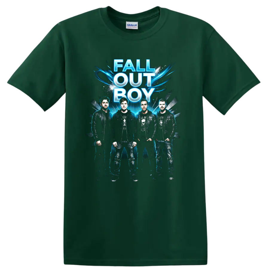 Fall Out Boy vintage emo rock poster graphic with blue lettering on a Forest Green T Shirt