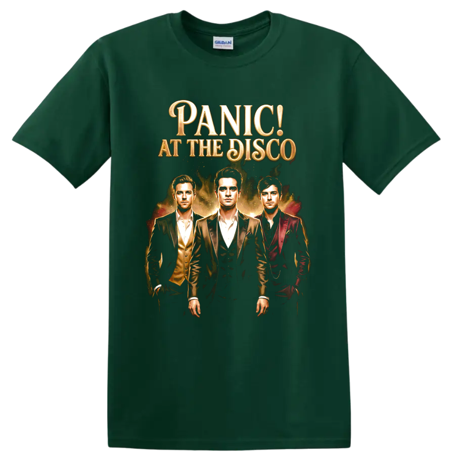 Panic! at the Disco vintage portrait graphic with ornate gold lettering on a Forest Green T Shirt