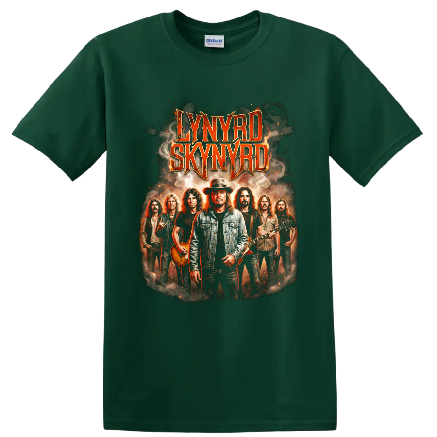 Lynyrd Skynyrd band lineup vintage rock poster graphic with guitars on a Forest Green T Shirt