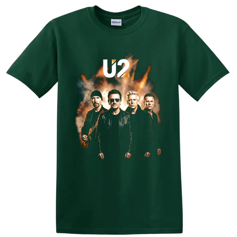 U2 Bono rock band portrait graphic with bold U2 lettering on a Forest Green T Shirt