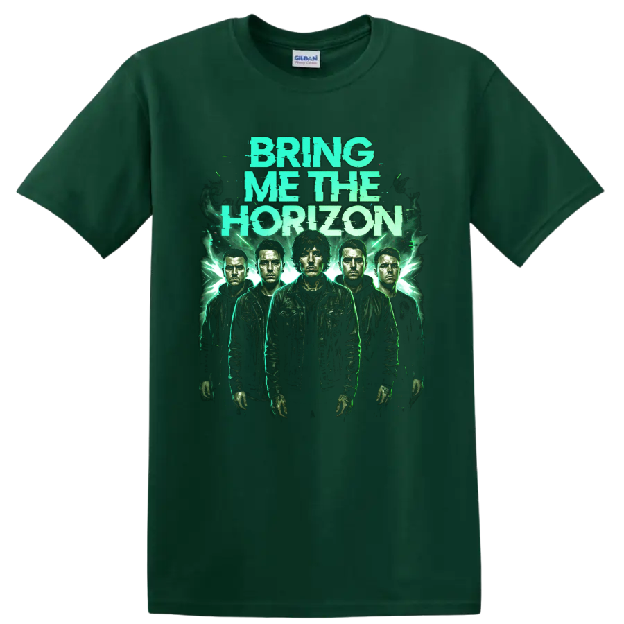 Bring Me the Horizon distressed green rock band portrait graphic on a Forest Green T Shirt