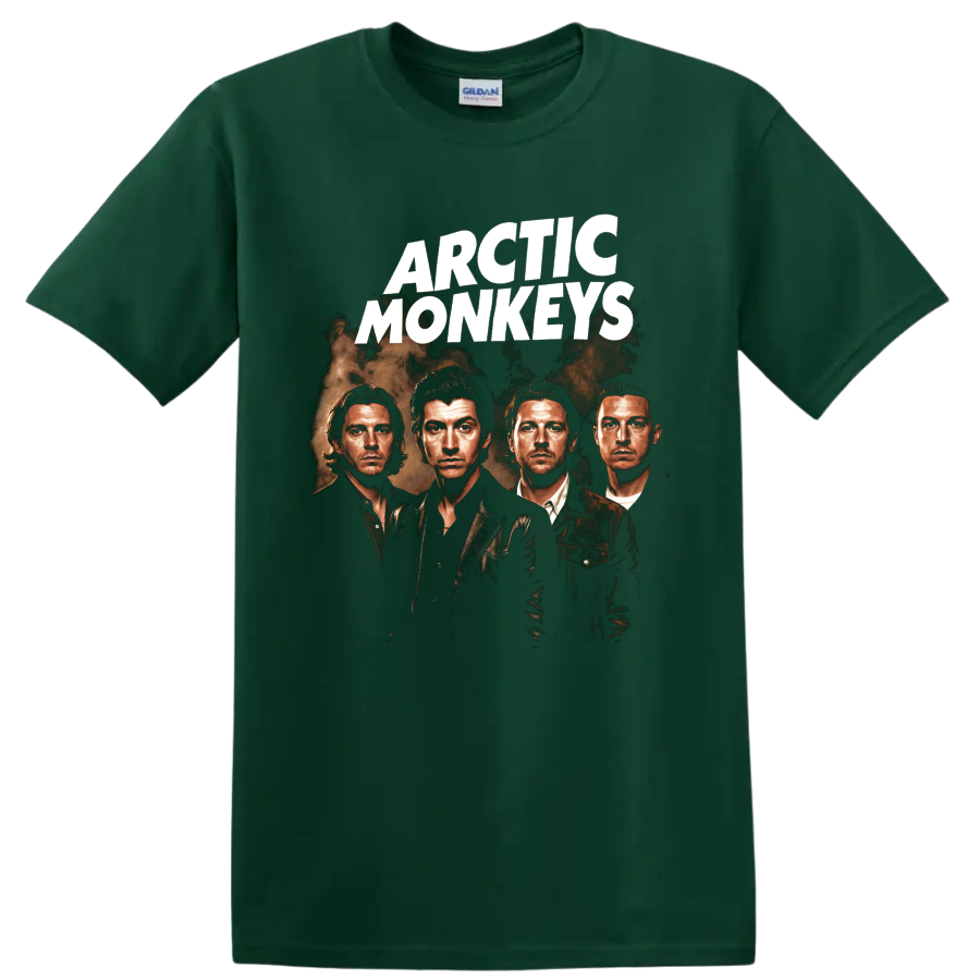 Arctic Monkeys sepia four-member band portrait graphic on a Forest Green T Shirt