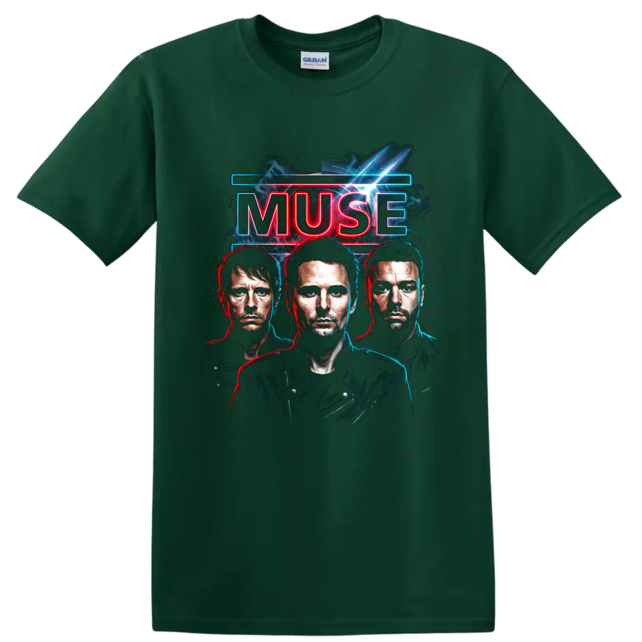 Muse neon rock band poster with three illustrated portraits on a Forest Green T Shirt