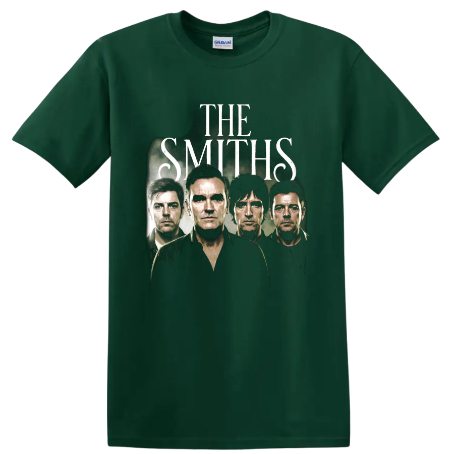 The Smiths brutalist alternative rock poster with four band portraits on a Forest Green T Shirt