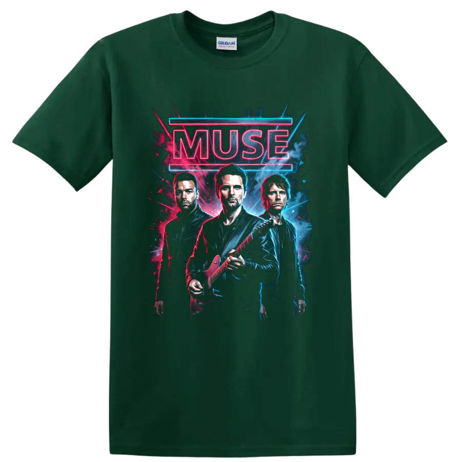 Muse neon rock band portrait with electric guitar and glowing lettering on a Forest Green T Shirt