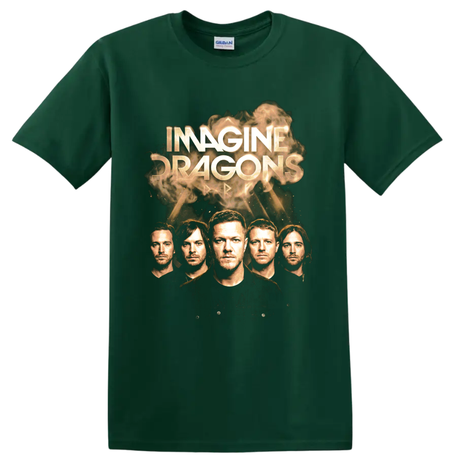 Imagine Dragons Smoke + Mirrors smoky gold portrait album artwork on a Forest Green T Shirt