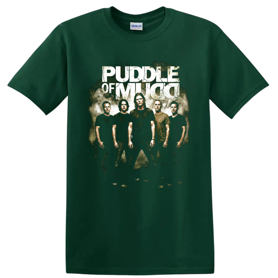 Puddle of Mudd grunge band portrait graphic with distressed lettering on a Forest Green T Shirt