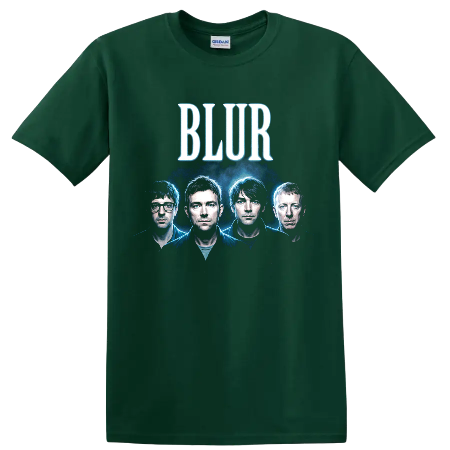 Blur Britpop band four-member blue portrait with bold BLUR lettering on a Forest Green T Shirt