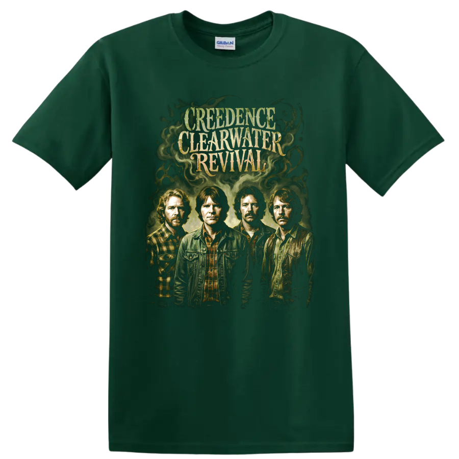 Creedence Clearwater Revival vintage band portrait graphic with distressed lettering on a Forest Green T Shirt