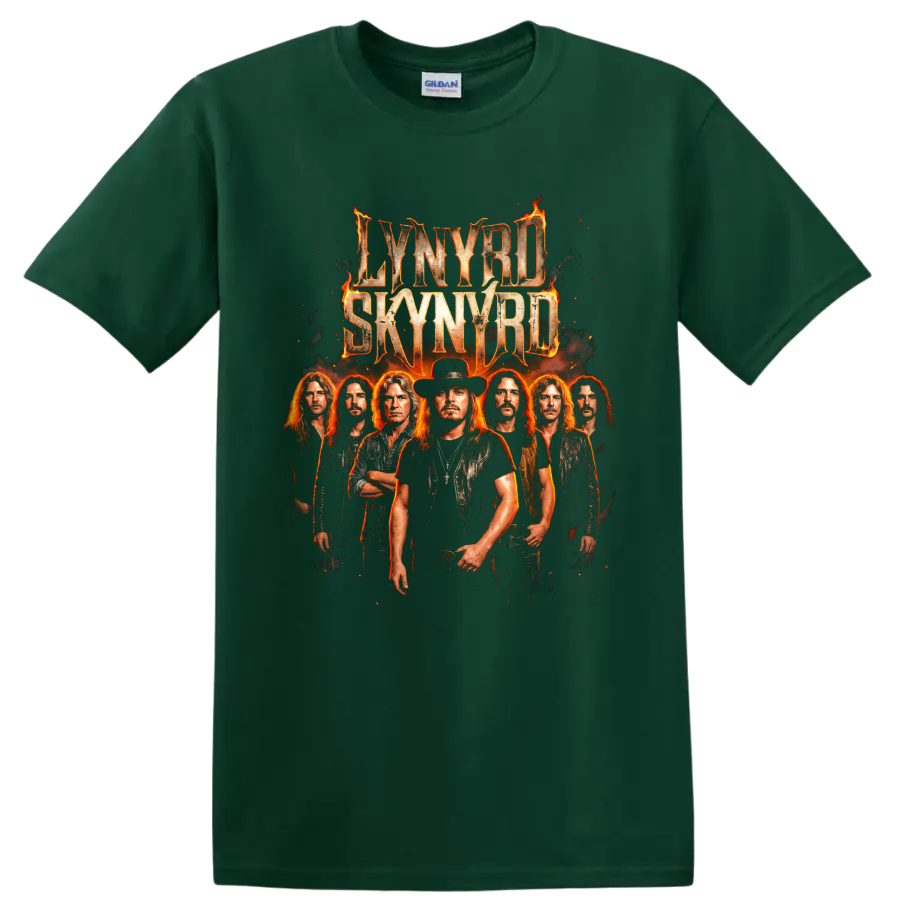 Lynyrd Skynyrd fiery Southern rock band poster graphic on a Forest Green T Shirt