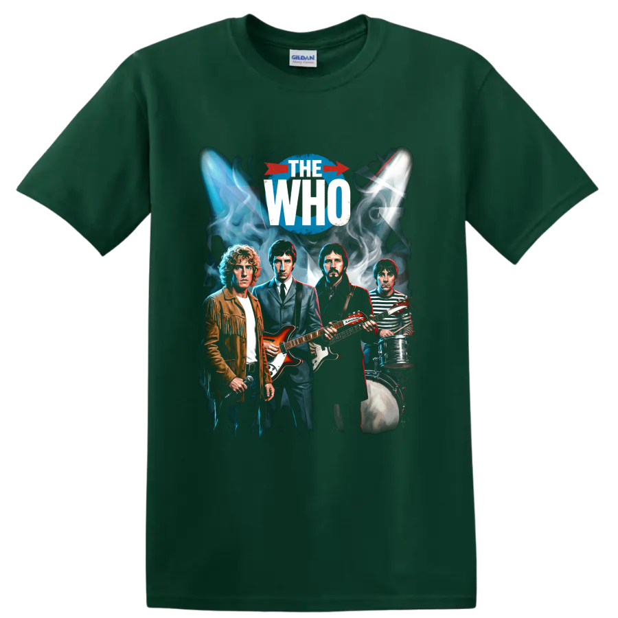 The Who John Entwistle rock band graphic with guitars, bass, and drums on a Forest Green T Shirt