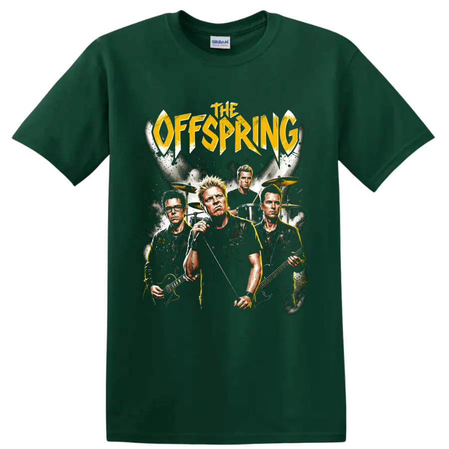 The Offspring punk rock band portrait graphic with distressed gold lettering on a Forest Green T Shirt