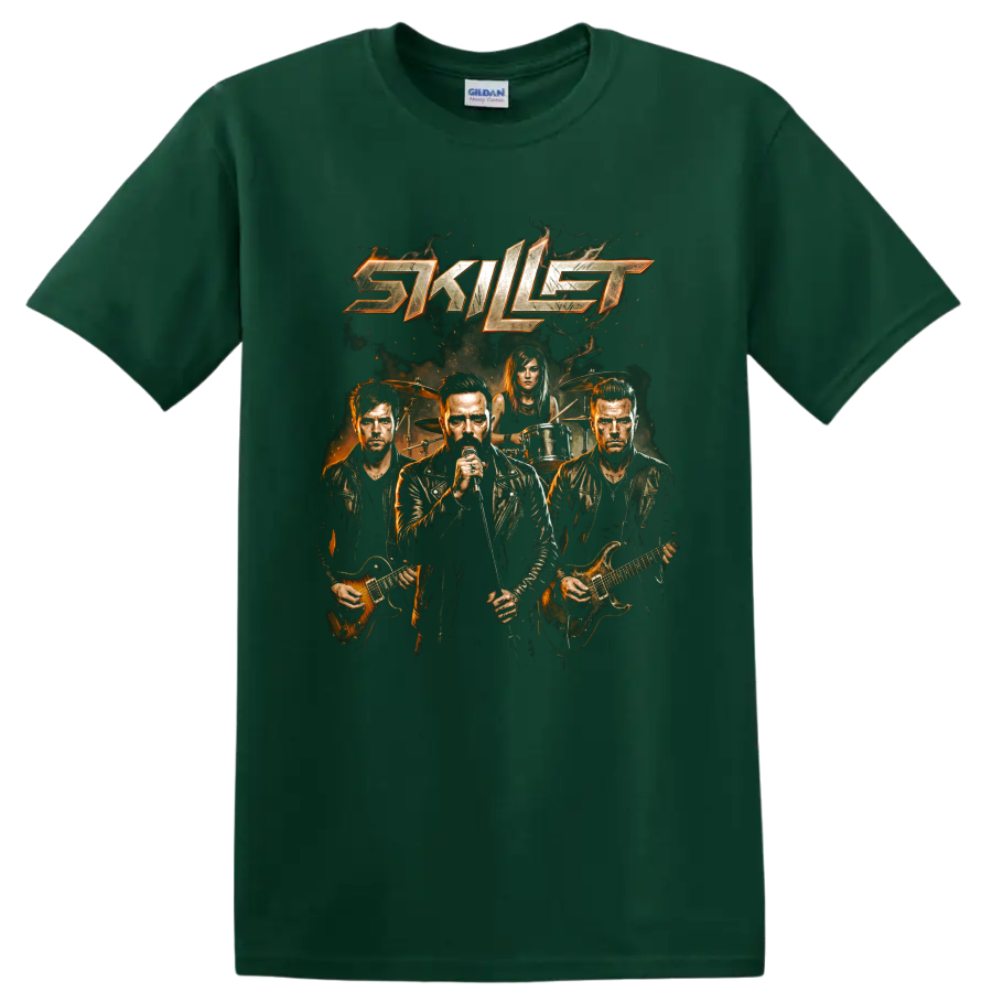 Skillet band logo graphic with vocalist, guitarists, and drummer on a Forest Green T Shirt
