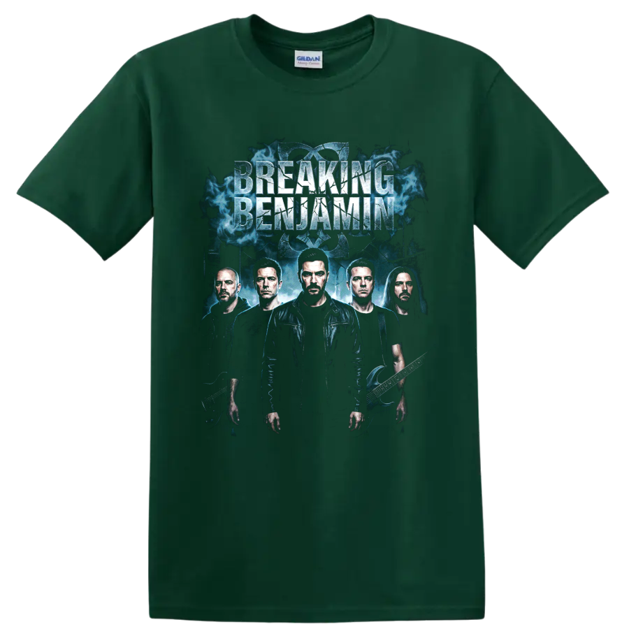 Breaking Benjamin Dear Agony alternative rock poster graphic with band portraits on a Forest Green T Shirt