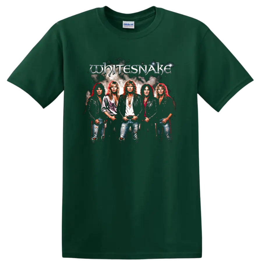 Whitesnake 1987 hard rock band portrait with metallic logo graphic on a Forest Green T Shirt