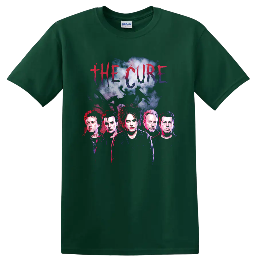 The Cure post-punk band graphic with five portraits and distressed lettering on a Forest Green T Shirt