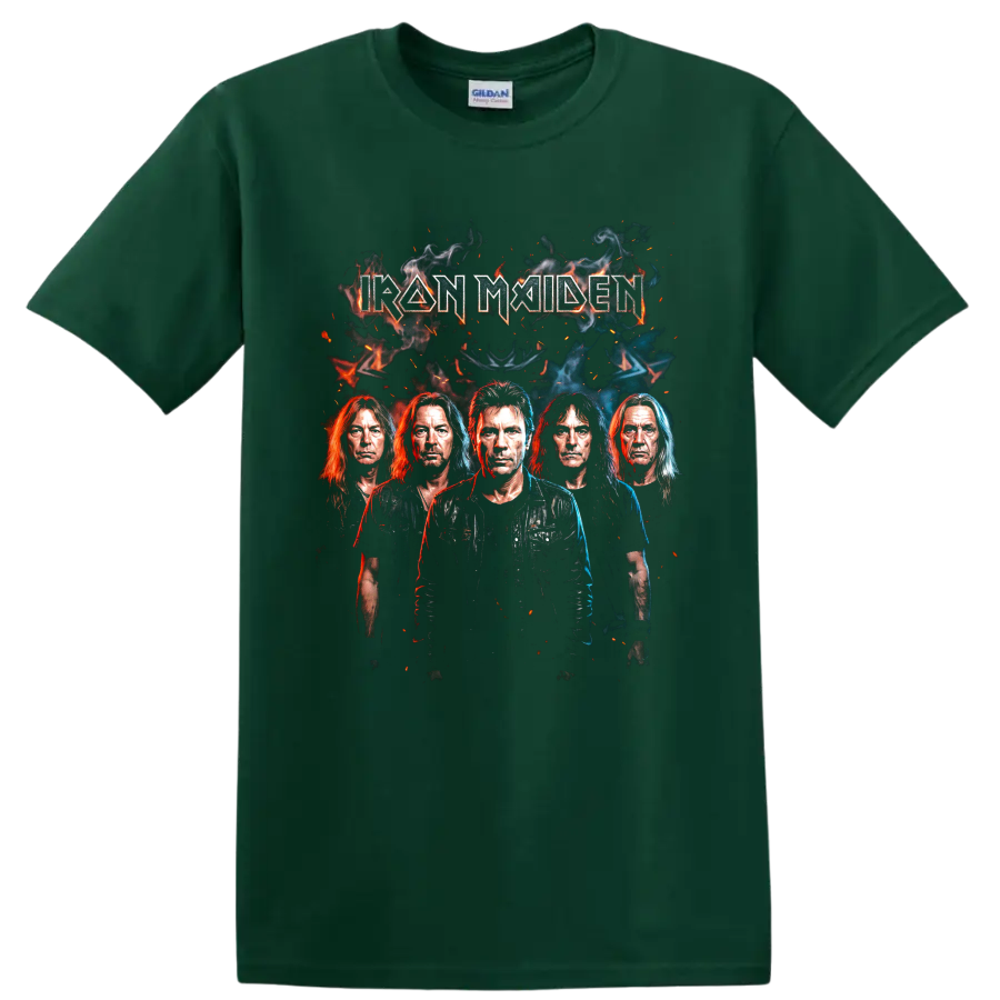 Iron Maiden band portrait with smoky fire effects and angular lettering on a Forest Green T Shirt