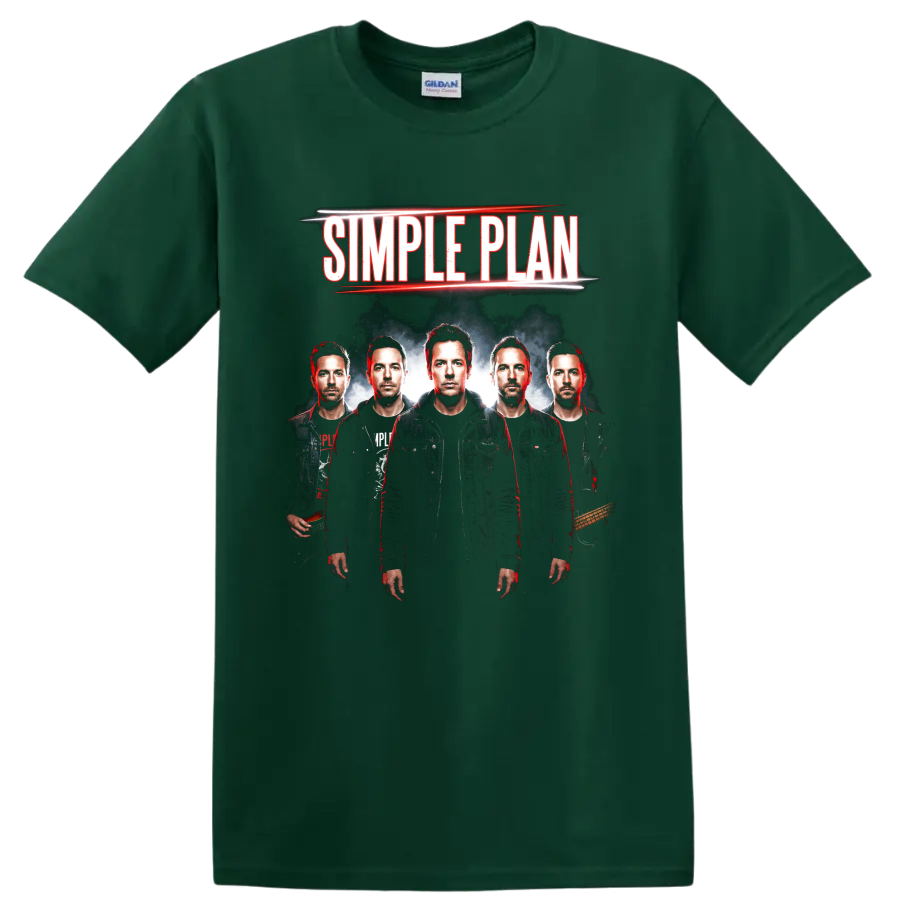 Simple Plan band members pop punk portrait with bold lettering on a Forest Green T Shirt