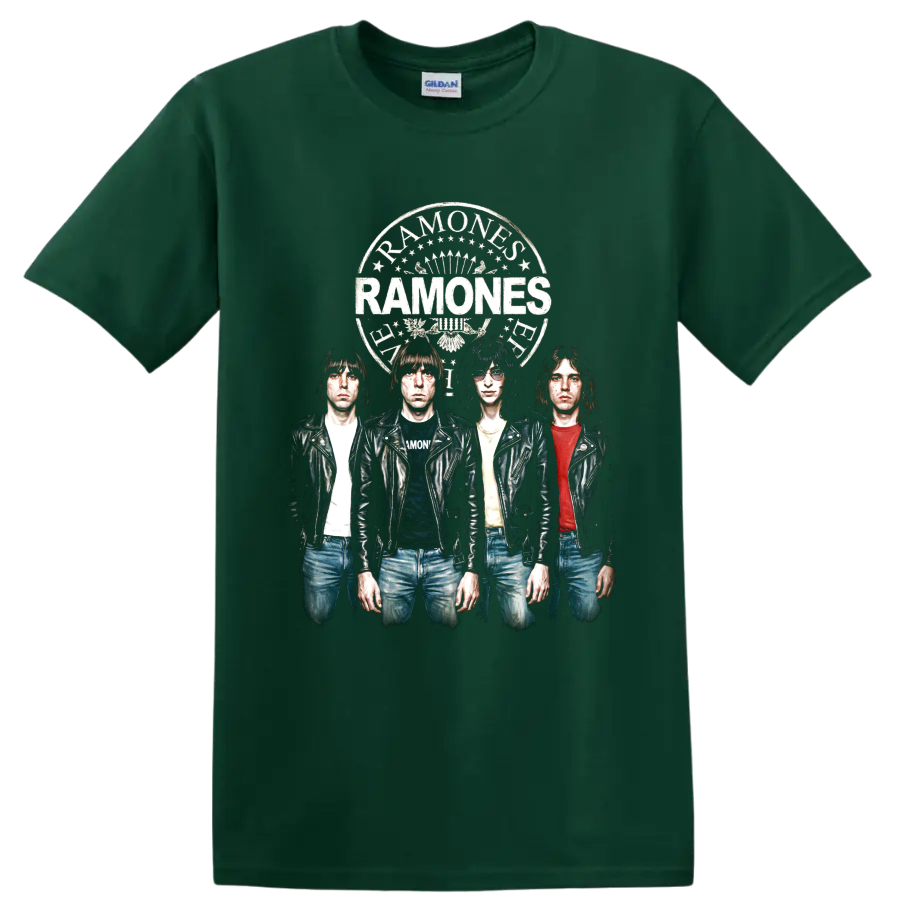 Ramones punk rock band portrait with distressed vintage crest on a Forest Green T Shirt