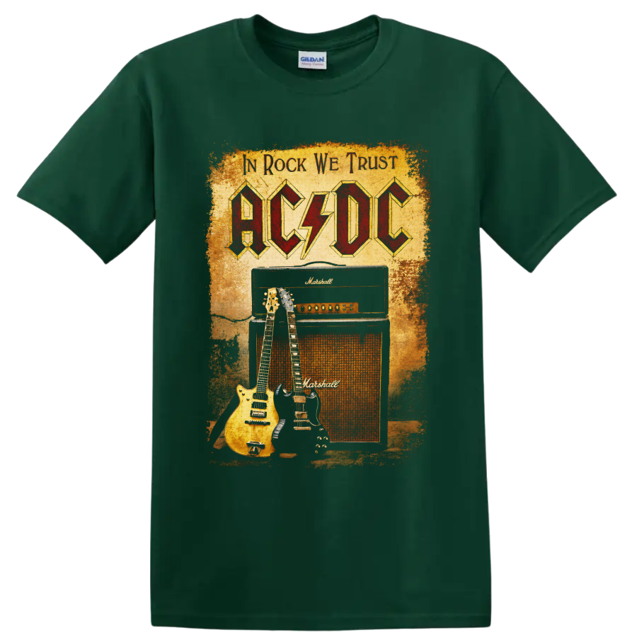 AC/DC vintage rock graphic with guitars and Marshall amplifier on a Forest Green T Shirt