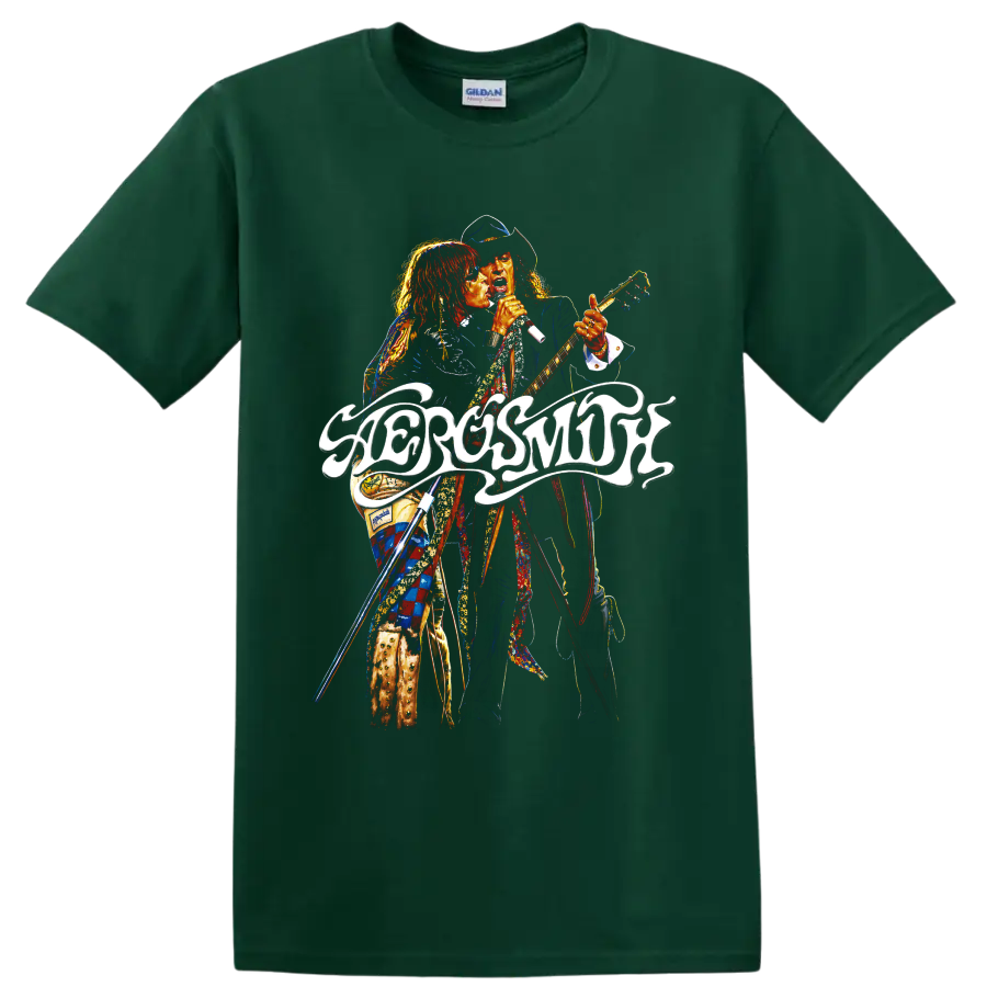 Aerosmith rock concert graphic with singer, guitarist, and flowing logo on a Forest Green T Shirt