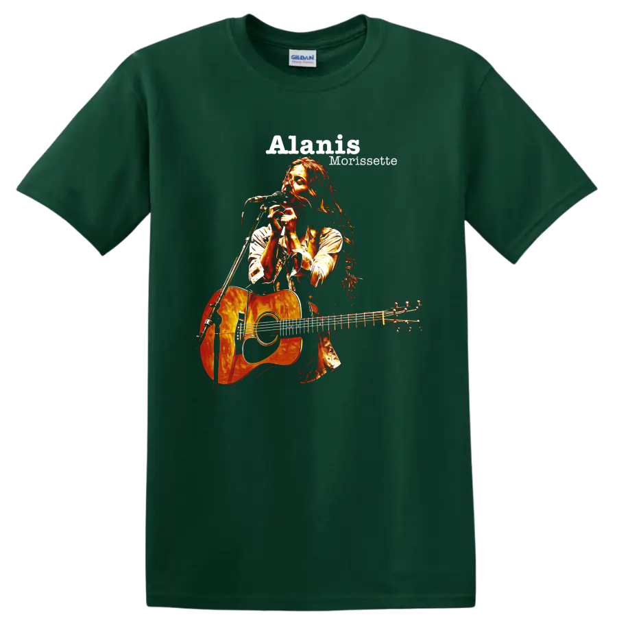 Alanis Morissette singing with acoustic guitar, distressed rock graphic on a Forest Green T Shirt