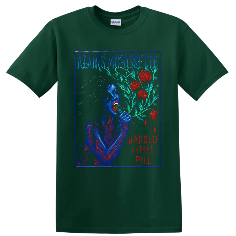 Alanis Morissette Jagged Little Pill distressed floral rock graphic on a Forest Green T Shirt