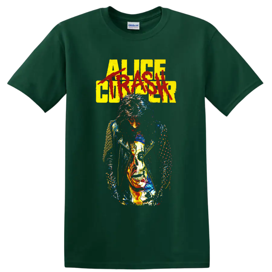 Alice Cooper gothic rock portrait with distressed lettering and skull graphic on a Forest Green T Shirt