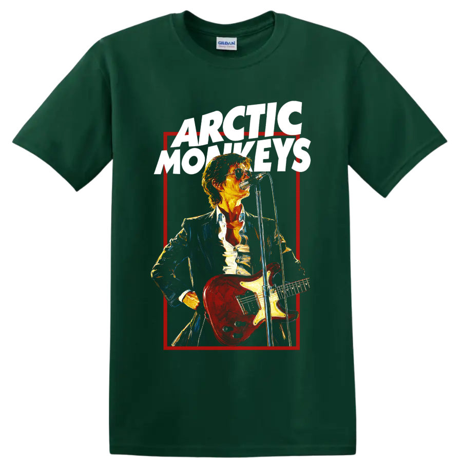 Arctic Monkeys guitarist graphic with red electric guitar and microphone on a Forest Green T Shirt
