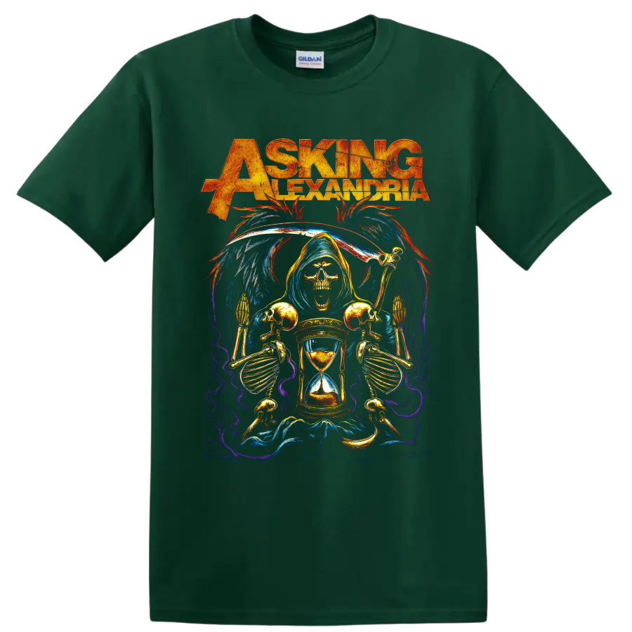 Asking Alexandria grim reaper hourglass metalcore graphic on a Forest Green T Shirt