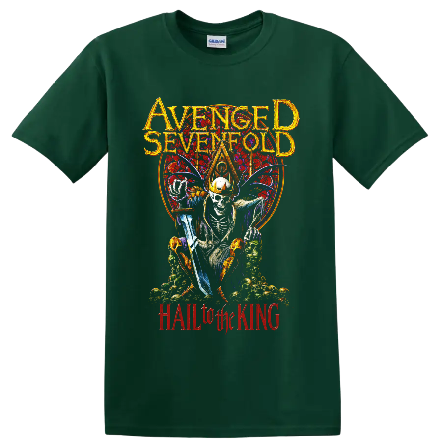 Avenged Sevenfold crowned skeleton gothic metal artwork with Hail to the King text on a Forest Green T Shirt
