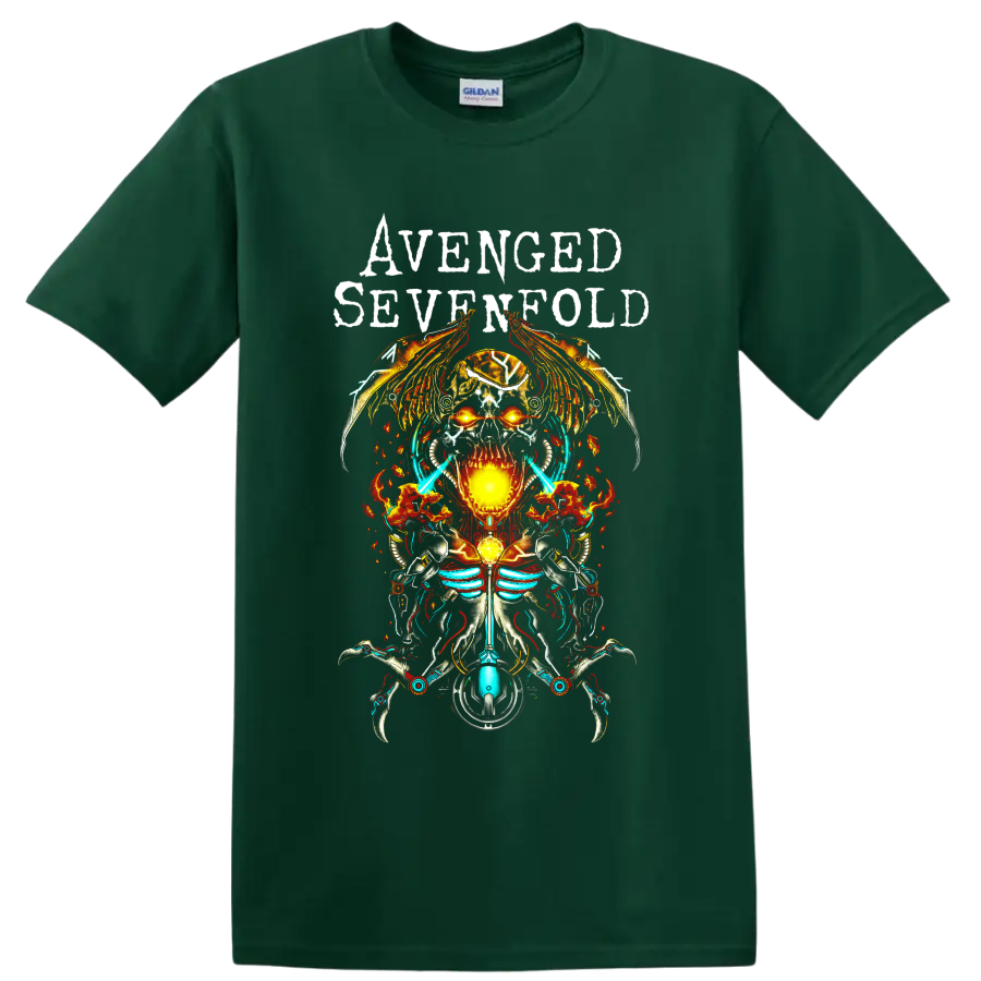 Avenged Sevenfold fiery cyborg skull metal graphic on a Forest Green T Shirt