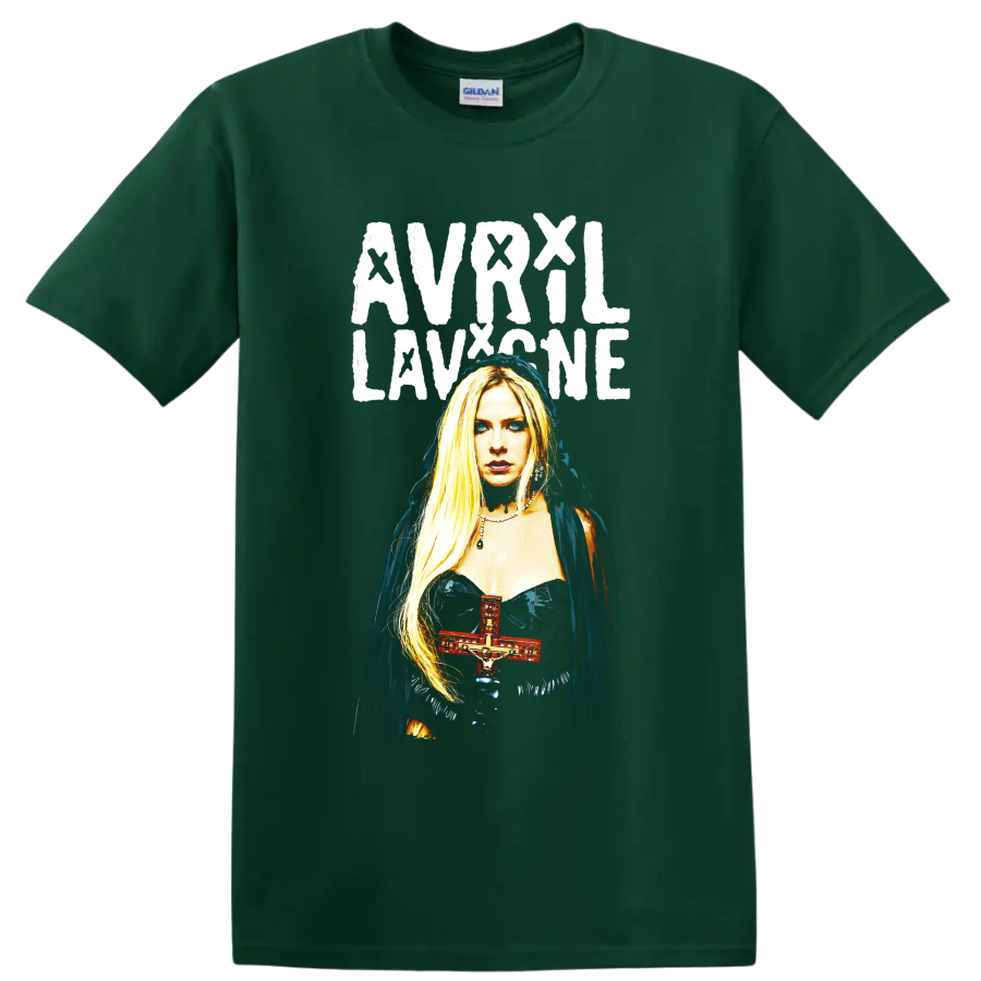 Avril Lavigne gothic portrait graphic with red cross and distressed lettering on a Forest Green T Shirt