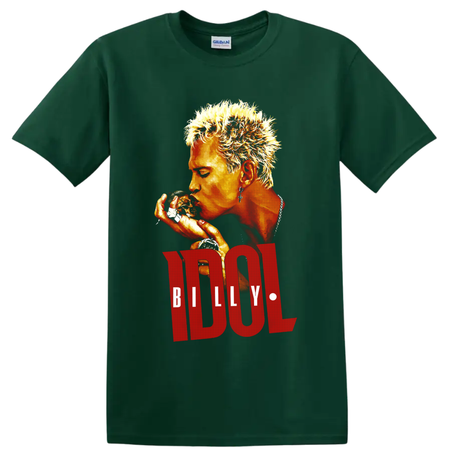 Billy Idol punk rock portrait graphic with bold red lettering on a Forest Green T Shirt