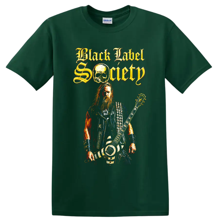 Black Label Society guitarist and skull heavy metal graphic with gothic lettering on a Forest Green T Shirt